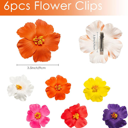 Hawaiian Flower Hair Clips for Women, 6Pcs Hibiscus Hair Clips for Thick Thin Hair, 3.5 Inch Artificial Flower Clips for Vacation Beach Party.