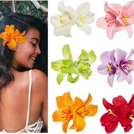 6 Colors Artificial Flower Hair Clips, Bohemian Flower Hairpin Hawaiian Hairpin for Seaside Holiday, 3.5 Inch Bridal Hair Bobby Pins Headwear for Women Girls(Twin Flowers).
