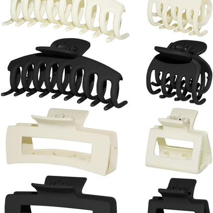 4 Style Hair Clips for Women, 8 Pcs 4.3 Inch Large Hair Claw Clips for Thick Hair and 2 Inch Claw Clips for Thin Hair, Square Double Row Teeth Strong Hold Nonslip Hair Claws (Black+beige).