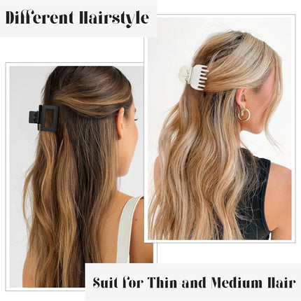 4 Style Hair Clips for Women, 8 Pcs 4.3 Inch Large Hair Claw Clips for Thick Hair and 2 Inch Claw Clips for Thin Hair, Square Double Row Teeth Strong Hold Nonslip Hair Claws (Black+beige).
