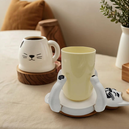 Funny Cat Coasters Cup Cuddler, 3D Printed Creative Coasters for Drinks, Bars, Party, Birthday Gifts for Cat Lovers, Home Decor Housewarming and White Elephant Gifts Ideas (Black+White).