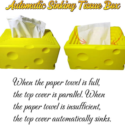 Cheese Automatic Sinking Tissue Box Cover, Stylish Rectangle Sunken Tissue Box Holder with Pull-Out Bottom, Decorative Tissue Cover for Bathroom Toilet Bedroom Table Desk Office (Yellow).