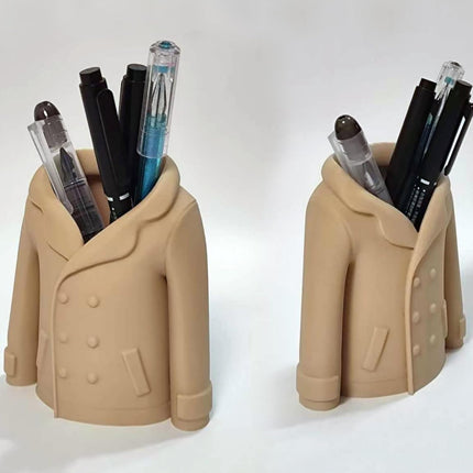 Trench Coat Pen Holder - 3D Printed Desk Organizer with Classic Design for Pens, Makeup Brushes, Elegant Office Desk Accessory.