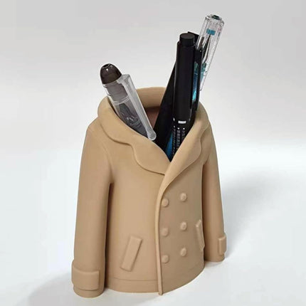Trench Coat Pen Holder - 3D Printed Desk Organizer with Classic Design for Pens, Makeup Brushes, Elegant Office Desk Accessory.