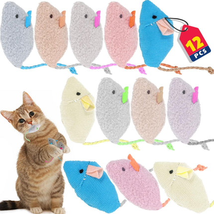 12 Pack Cat Mouse Toy, Soft Plush Catnip Mice Toys with String Tails Interactive Play for Cat, Puppy, Kitty Kitten.