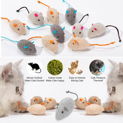12 Pack Cat Mouse Toy, Soft Plush Catnip Mice Toys with String Tails Interactive Play for Cat, Puppy, Kitty Kitten.