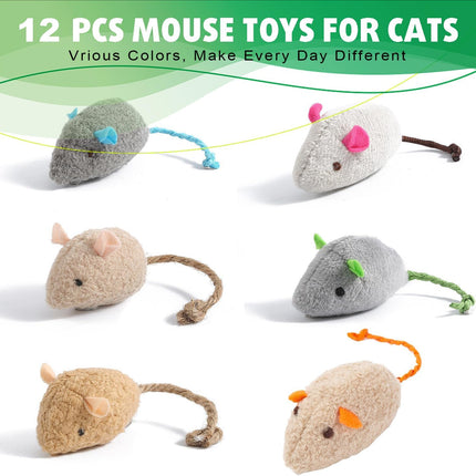 12 Pack Cat Mouse Toy, Soft Plush Catnip Mice Toys with String Tails Interactive Play for Cat, Puppy, Kitty Kitten.