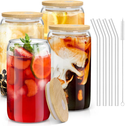 Glass Cups with Bamboo Lids and Straws, 16OZ Ice Coffee Cup, Drinking Cup Set with Wooden Lids, Home Essential Glass Tumblers for Beer, Cocktail, Tea and Latte Clear (4).