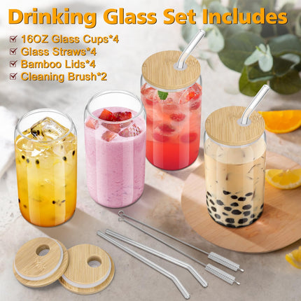 Glass Cups with Bamboo Lids and Straws, 16OZ Ice Coffee Cup, Drinking Cup Set with Wooden Lids, Home Essential Glass Tumblers for Beer, Cocktail, Tea and Latte Clear (4).