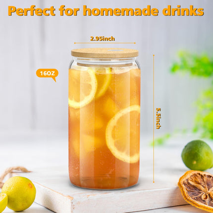 Glass Cups with Bamboo Lids and Straws, 16OZ Ice Coffee Cup, Drinking Cup Set with Wooden Lids, Home Essential Glass Tumblers for Beer, Cocktail, Tea and Latte Clear (4).