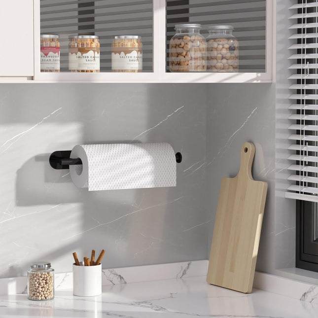 Thickened Steel Paper Towel Holders Under Cabinet for Kitchen, Bathroom, SUS304 Stainless Steel Pipe Hanging Paper Towel Rack Wall Mount, Self-Adhesive and Screws, Black.