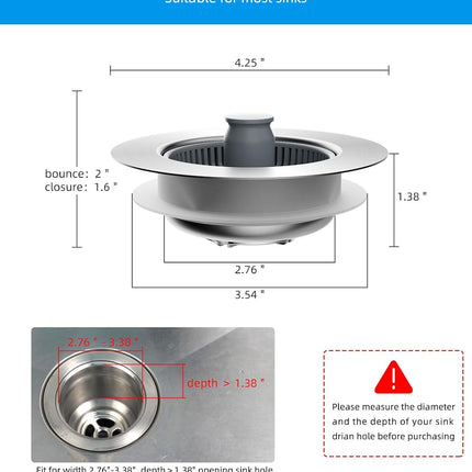 Upgraded 3 in 1 Kitchen Sink Drain Strainer and Stopper Combo, Stainless Steel Metal Pop Up Sink Stopper, Anti-Clogging Basket Strainer with Handle for US Standard 3-1/2 Inch Drain, Grey.