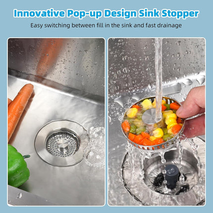 2 Pack All Metal Stainless Steel 3 in 1 Kitchen Sink Drain Strainer, Upgraded Anti-Rust Sink Stop Combo, Anti-Clogging Stainless Steel Basket with Metal Handle for US Standard 3-1/2" Drain.