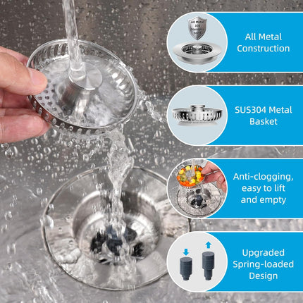 2 Pack All Metal Stainless Steel 3 in 1 Kitchen Sink Drain Strainer, Upgraded Anti-Rust Sink Stop Combo, Anti-Clogging Stainless Steel Basket with Metal Handle for US Standard 3-1/2" Drain.