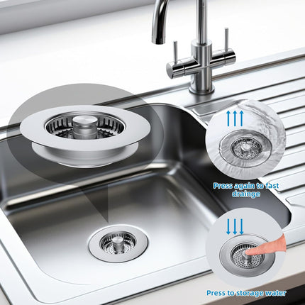 2 Pack All Metal Stainless Steel 3 in 1 Kitchen Sink Drain Strainer, Upgraded Anti-Rust Sink Stop Combo, Anti-Clogging Stainless Steel Basket with Metal Handle for US Standard 3-1/2" Drain.