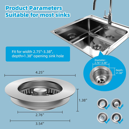 2 Pack All Metal Stainless Steel 3 in 1 Kitchen Sink Drain Strainer, Upgraded Anti-Rust Sink Stop Combo, Anti-Clogging Stainless Steel Basket with Metal Handle for US Standard 3-1/2" Drain.