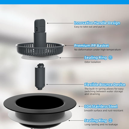 3 in 1 Kitchen Sink Drain Strainer and Stopper Combo, Stainless Steel Metal Pop Up Sink Stopper, Anti-Clogging Basket Strainer with Foldable Handle for US Standard 3-1/2" Drain, Matte Black.