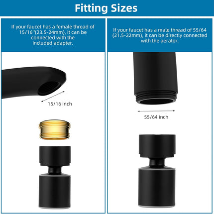 NSF/ANSI/CAN 61 Certified Faucet Aerator, CUPC Certification 360° Swivel Kitchen Sink Aerator, 2-Flow Sink Sprayer Attachement, Faucet Replacement Part 55/64 Inch Female Thread - Matte Black.