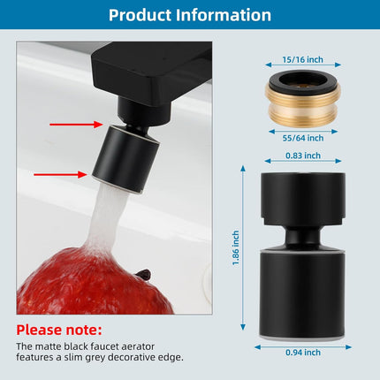 NSF/ANSI/CAN 61 Certified Faucet Aerator, CUPC Certification 360° Swivel Kitchen Sink Aerator, 2-Flow Sink Sprayer Attachement, Faucet Replacement Part 55/64 Inch Female Thread - Matte Black.