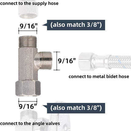 Bidet T Adapter, Metal T Valve for Bidet(3/8” x 3/8” x 3/8”), 3 Way Tee Connector Bidet Attachment for Toilet.