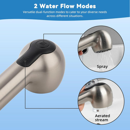 Replacement Sprayer Pull Out Spray Head for Kitchen Sink Faucet G1/2 or 13/16inch Thread 2-Function Stream Aerated Flow- Brushed Nickel.