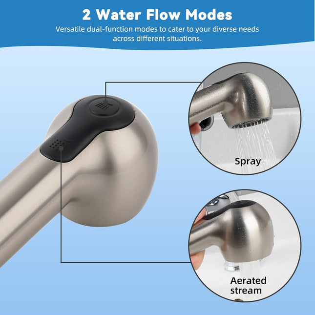 Replacement Sprayer Pull Out Spray Head for Kitchen Sink Faucet G1/2 or 13/16inch Thread 2-Function Stream Aerated Flow- Brushed Nickel.