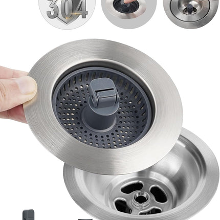 Universal 3 in 1 Metal Kitchen Sink Drain Strainer, Upgraded Stainless Steel Stopper Combo, Pop Up Stopper with Handle, 3 Anti-Clogging Baskets, Fit for US Standard 3-1/2 Inch Drain.