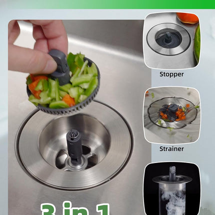 Universal 3 in 1 Metal Kitchen Sink Drain Strainer, Upgraded Stainless Steel Stopper Combo, Pop Up Stopper with Handle, 3 Anti-Clogging Baskets, Fit for US Standard 3-1/2 Inch Drain.