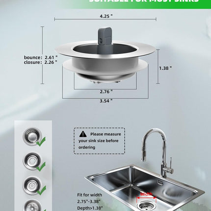 Universal 3 in 1 Metal Kitchen Sink Drain Strainer, Upgraded Stainless Steel Stopper Combo, Pop Up Stopper with Handle, 3 Anti-Clogging Baskets, Fit for US Standard 3-1/2 Inch Drain.