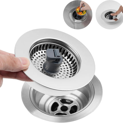 3 in 1 Kitchen Sink Drain Strainer, Stainless Steel Wrapped Shell Drain Stopper Combo, Pop Up Sink Stopper, Stainless Steel Anti-Clogging Basket Strainer for US Standard 3-1/2" Drain.