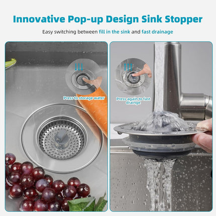 3 in 1 Kitchen Sink Drain Strainer, Stainless Steel Wrapped Shell Drain Stopper Combo, Pop Up Sink Stopper, Stainless Steel Anti-Clogging Basket Strainer for US Standard 3-1/2" Drain.