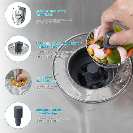 3 in 1 Kitchen Sink Drain Strainer, Stainless Steel Wrapped Shell Drain Stopper Combo, Pop Up Sink Stopper, Stainless Steel Anti-Clogging Basket Strainer for US Standard 3-1/2" Drain.