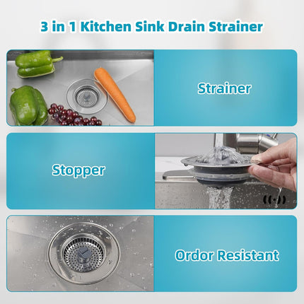 3 in 1 Kitchen Sink Drain Strainer, Stainless Steel Wrapped Shell Drain Stopper Combo, Pop Up Sink Stopper, Stainless Steel Anti-Clogging Basket Strainer for US Standard 3-1/2" Drain.