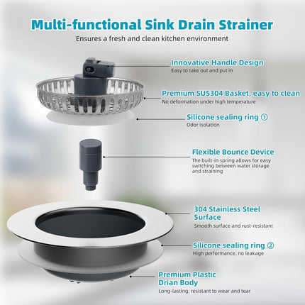 3 in 1 Kitchen Sink Drain Strainer, Stainless Steel Wrapped Shell Drain Stopper Combo, Pop Up Sink Stopper, Stainless Steel Anti-Clogging Basket Strainer for US Standard 3-1/2" Drain.