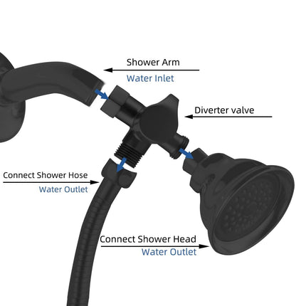 All Metal Solid Brass Shower Arm 3-Way Diverter Valve for Hand Shower and Fixed Shower Head, G1/2'' Shower Arm T Adapter, Bathroom Universal Shower System Replacement Part, Matte Black.