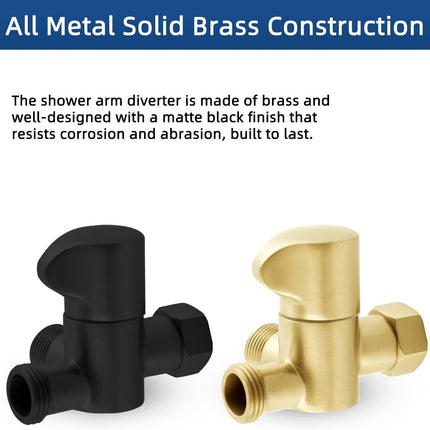 All Metal Solid Brass Shower Arm 3-Way Diverter Valve for Hand Shower and Fixed Shower Head, G1/2'' Shower Arm T Adapter, Bathroom Universal Shower System Replacement Part, Matte Black.