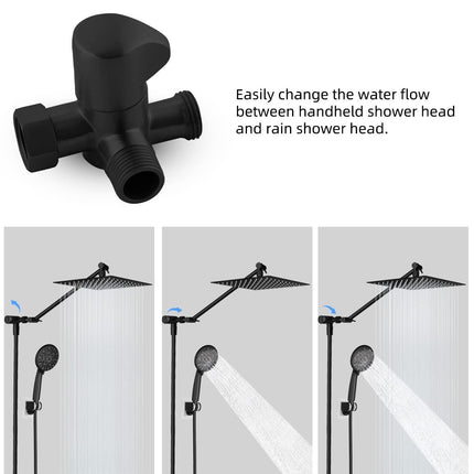 All Metal Solid Brass Shower Arm 3-Way Diverter Valve for Hand Shower and Fixed Shower Head, G1/2'' Shower Arm T Adapter, Bathroom Universal Shower System Replacement Part, Matte Black.