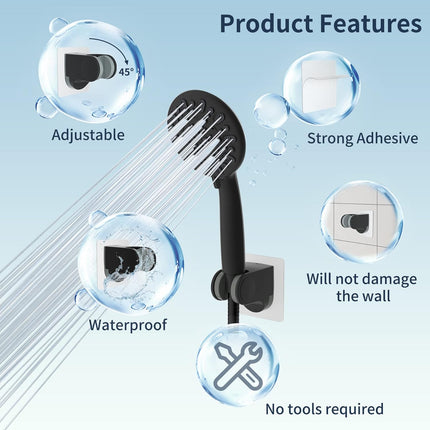 Shower Head Holder, Strong Adhesive, Waterproof, Height Adjustable, Wall Mount, No Drilling, Matte Black.