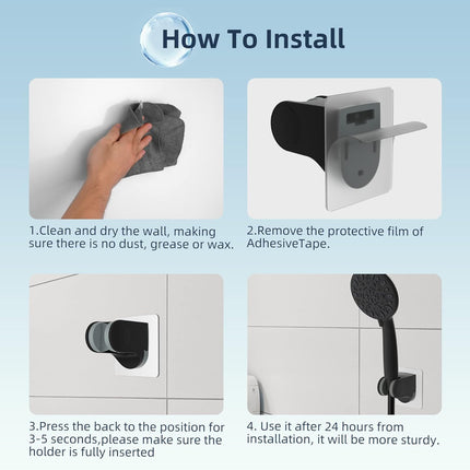 Shower Head Holder, Strong Adhesive, Waterproof, Height Adjustable, Wall Mount, No Drilling, Matte Black.