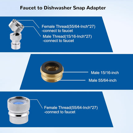 Dishwasher Snap Adapter Connection 2 Pack, One with Swivel Ball Joint and The Other One with Faucet Aerator, 15/16-27Male Outside and 55/64-27Female Inside, Chrome.