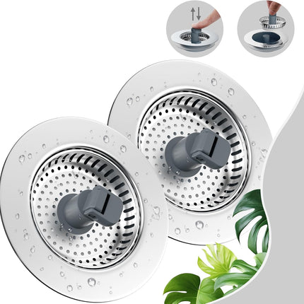 2 Pack Universal 3 in 1 Kitchen Sink Drain Strainer with Sink Stopper, Stainless Steel Wrapped Shell, SUS304 Anti-Clogging Basket Strainer, Fit for US Standard 3-1/2" Drain, Stainless Steel.