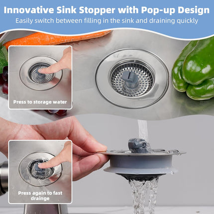 2 Pack Universal 3 in 1 Kitchen Sink Drain Strainer with Sink Stopper, Stainless Steel Wrapped Shell, SUS304 Anti-Clogging Basket Strainer, Fit for US Standard 3-1/2" Drain, Stainless Steel.