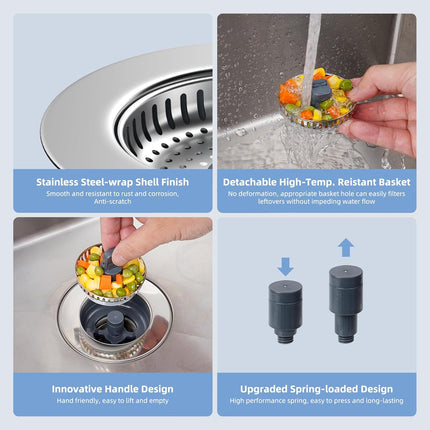2 Pack Universal 3 in 1 Kitchen Sink Drain Strainer with Sink Stopper, Stainless Steel Wrapped Shell, SUS304 Anti-Clogging Basket Strainer, Fit for US Standard 3-1/2" Drain, Stainless Steel.