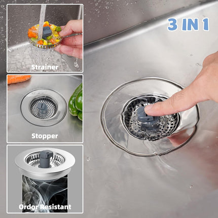 2 Pack Universal 3 in 1 Kitchen Sink Drain Strainer with Sink Stopper, Stainless Steel Wrapped Shell, SUS304 Anti-Clogging Basket Strainer, Fit for US Standard 3-1/2" Drain, Stainless Steel.