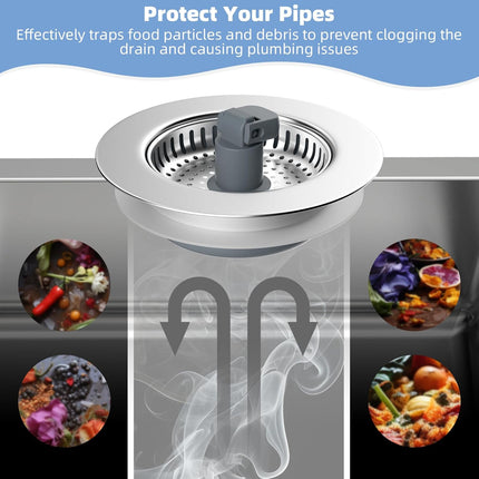 2 Pack Universal 3 in 1 Kitchen Sink Drain Strainer with Sink Stopper, Stainless Steel Wrapped Shell, SUS304 Anti-Clogging Basket Strainer, Fit for US Standard 3-1/2" Drain, Stainless Steel.