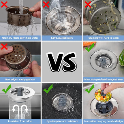 2 Pack Universal 3 in 1 Kitchen Sink Drain Strainer with Sink Stopper, Stainless Steel Wrapped Shell, SUS304 Anti-Clogging Basket Strainer, Fit for US Standard 3-1/2" Drain, Stainless Steel.