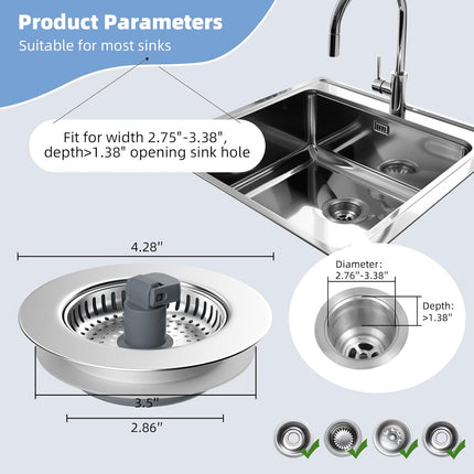 2 Pack Universal 3 in 1 Kitchen Sink Drain Strainer with Sink Stopper, Stainless Steel Wrapped Shell, SUS304 Anti-Clogging Basket Strainer, Fit for US Standard 3-1/2" Drain, Stainless Steel.