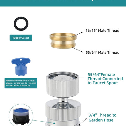 Swivel Faucet Adapter Kit, Solid Brass 3/4" Garden Hose Adapter with Aerator, 360 Degree Kitchen Sink Faucet Aerator Adapter for Female and Male to Male, Chrome.