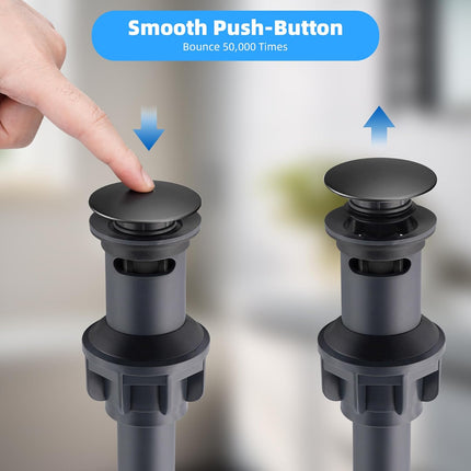 2 Pack Push and Seal Pop Up Drain Stopper with Overflow for Bathroom Sink Faucet Vessel Vanity, Matte Black.