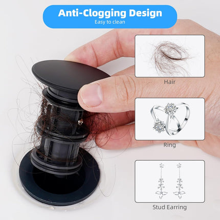 2 Pack Push and Seal Pop Up Drain Stopper with Overflow for Bathroom Sink Faucet Vessel Vanity, Matte Black.